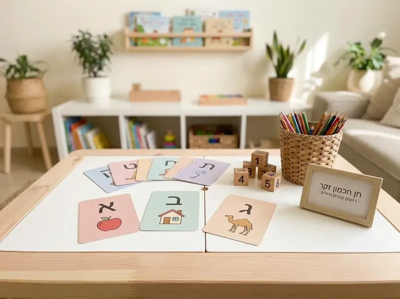 כרטיסי שפה מסודרים עם אותיות ואיורים