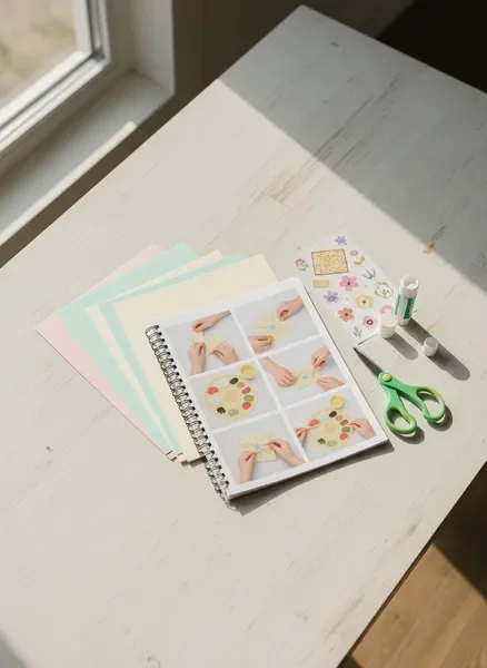 ערכת פעילות לפסח מסודרת על שולחן עם חומרים צבעוניים ומדריך